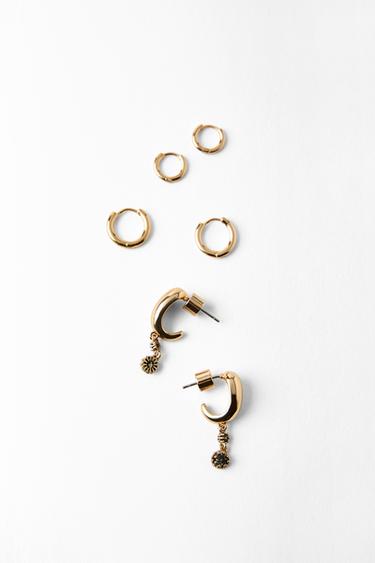Zara PACK OF 3 SPARKLY HOOP EARRINGS - Golden