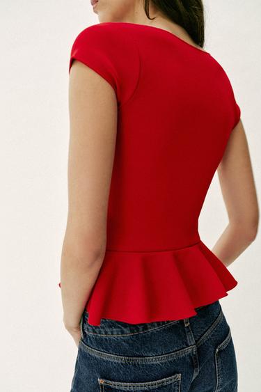 TOP PÉPLUM À BOUTONS - Rouge de Zara - Image 4