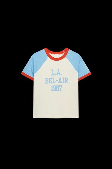 Zara TEXT RIB T-SHIRT - Ecru / Blue - Image 0