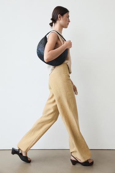 Pantalon flare taille moyenne 100 % lin - Sable de Zara