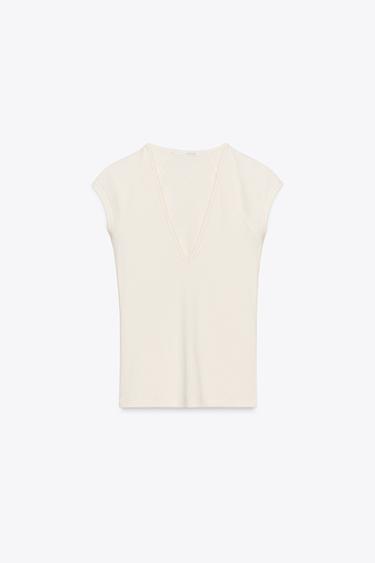Zara RIB V-NECK T-SHIRT - Ecru