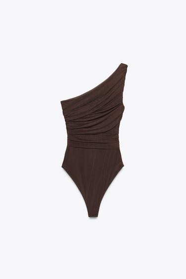 BODY EN TULLE DRAPÉ ASYMÉTRIQUE - Marron foncé de Zara - Image 3