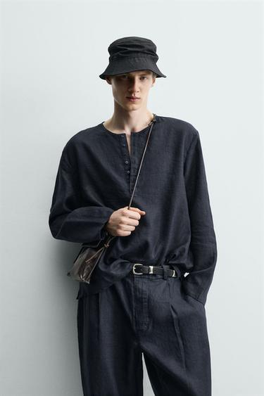 100% HEMP HENLEY SHIRT - Dark navy by Zara