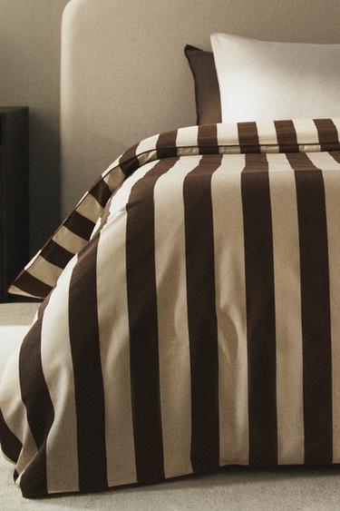 STRIPED WASHED COTTON DUVET COVER - Brown by Zara