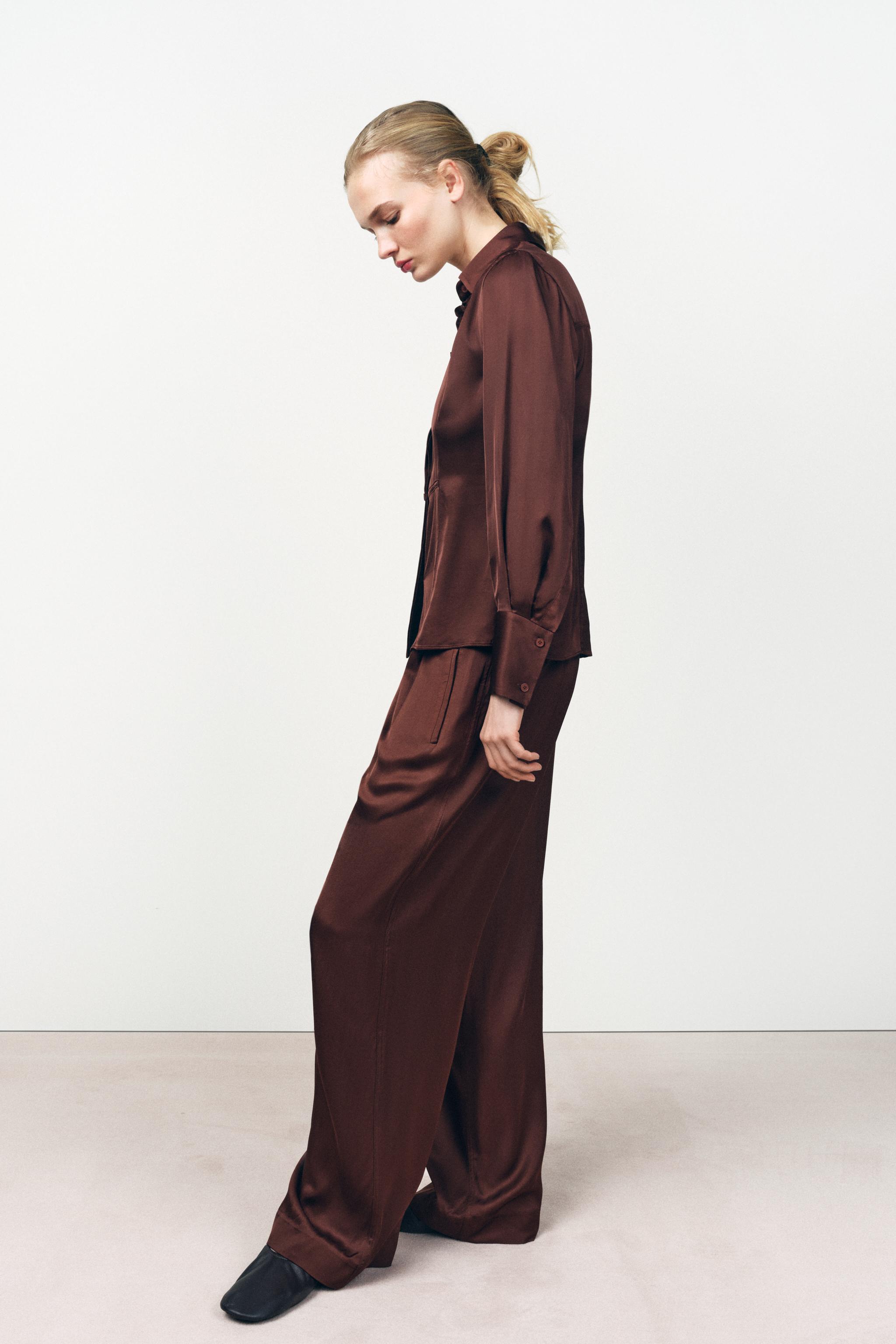 スペイン発送 ZARA フルイドサテンプリーツパンツ ブラウン 上品 スペイン発送 ZARA フルイドサテンプリーツパンツ ブラウン 上品