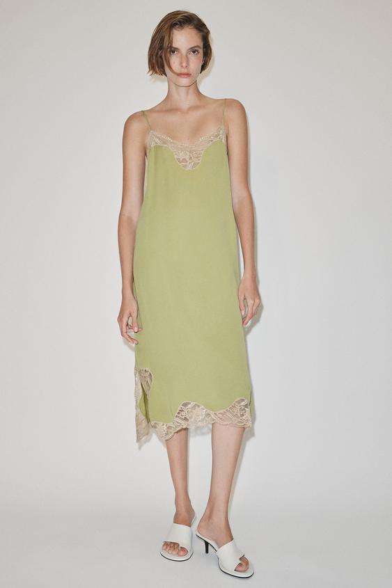 VESTIDO SATINADO ENCAJE ZW COLLECTION - Pistacho de Zara - Imagen 0