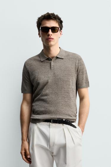 LINEN/COTTON KNIT POLO SHIRT - camel by Zara