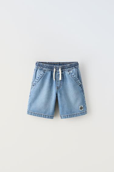 LABELLED DENIM BERMUDA SHORTS WITH DRAWSTRING - Mid-blue by Zara