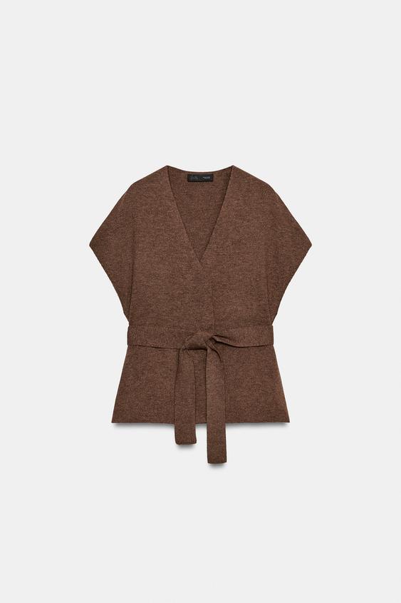 KNIT WAISTCOAT WITH BELT - Brown by Zara - Image 0