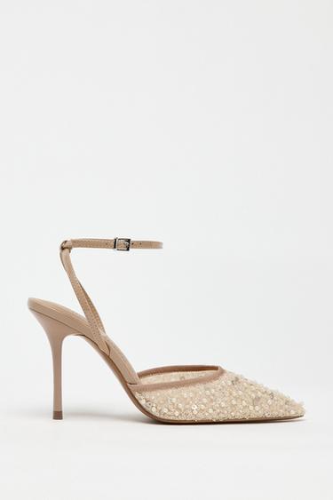 Zaras HÖGKLACKADE SKOR MED ÖPPEN HÄL, MESH OCH GLITTER - Beige