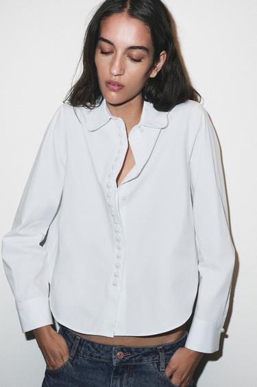 CAMICIA IN POPELINE CON PERLE - Bianco di Zara
