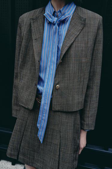 Zara 格紋短版西裝外套 - 灰色 / 棕黃色
