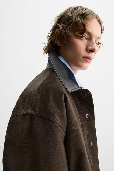 LEATHER CONTRAST COLLAR JACKET - Brown by Zara