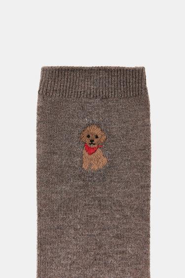DOG EMBROIDERY SOCKS - Brown / Taupe by Zara - Image 3