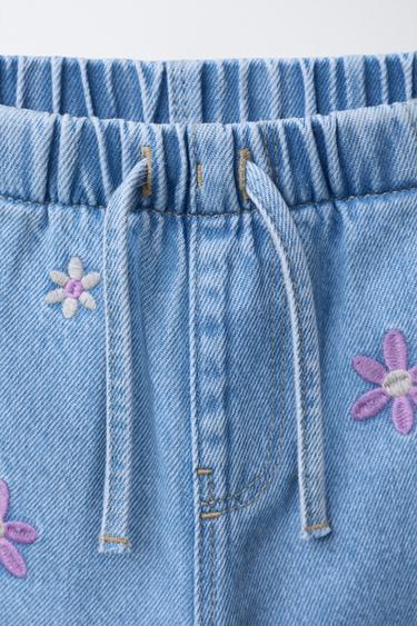 WIDE-LEG JEANS WITH EMBROIDERED FLOWERS - Blue by Zara - Image 2