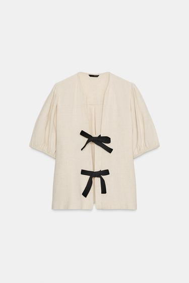 LINEN BLEND SHIRT WITH TIES - Light beige by Zara