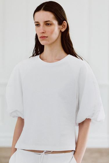 Zara BALLOON SLEEVE COMBINATION T-SHIRT - White