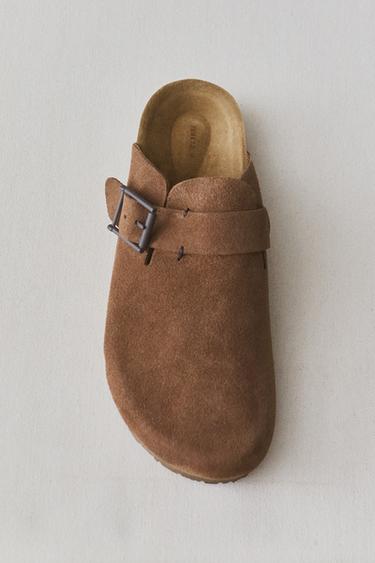Zara LEATHER MULE CLOG SLIPPERS WITH BUCKLE AND TOPSTITCHING DETAIL - Brown