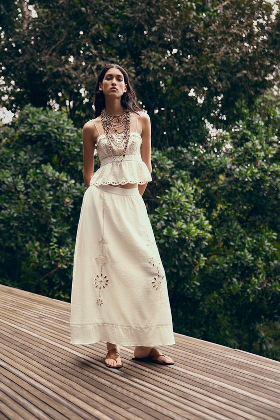 EMBROIDERED EYELET MIDI SKIRT