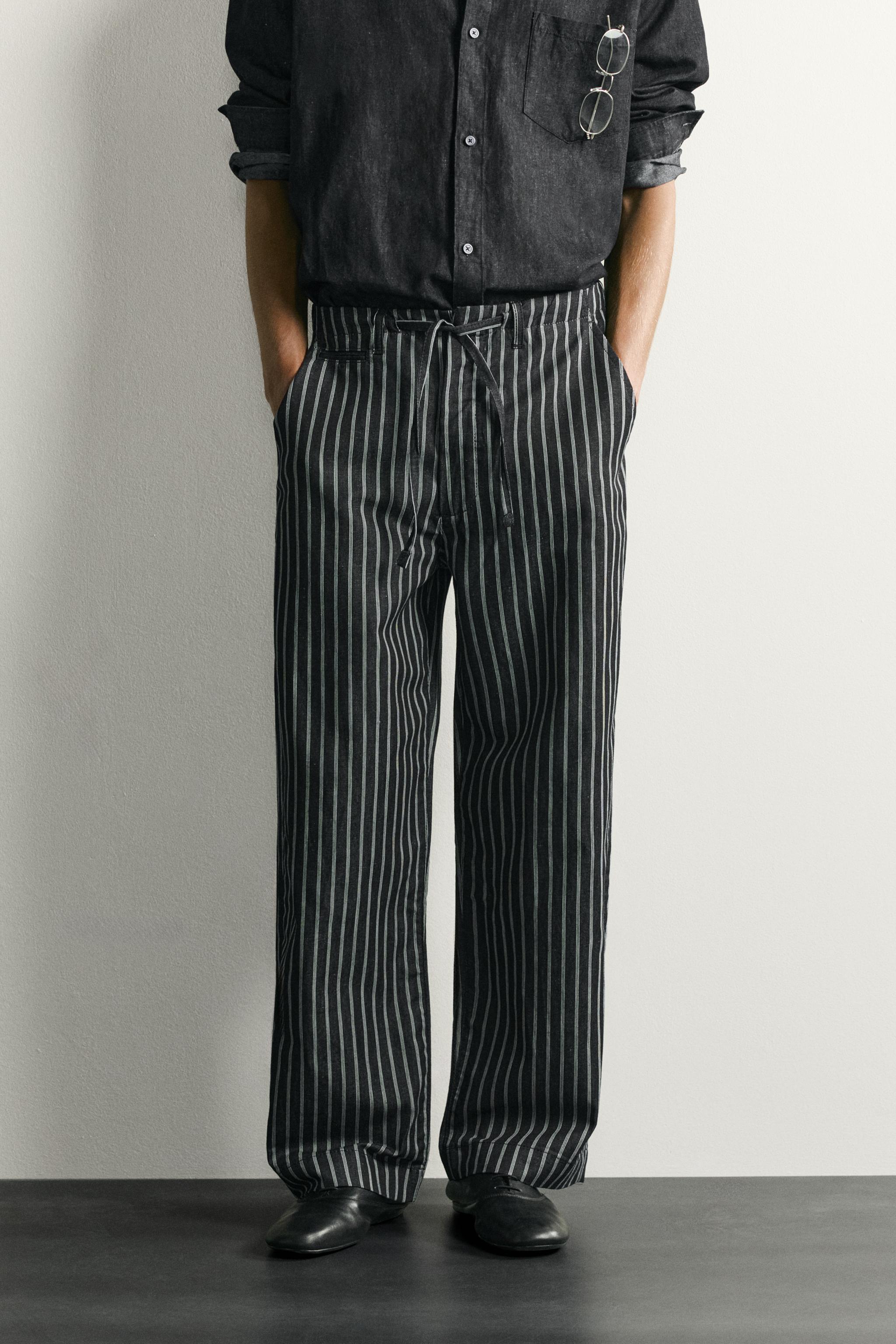 STRIPED COTTON-LINEN DENIM PANTS — Blue / Black