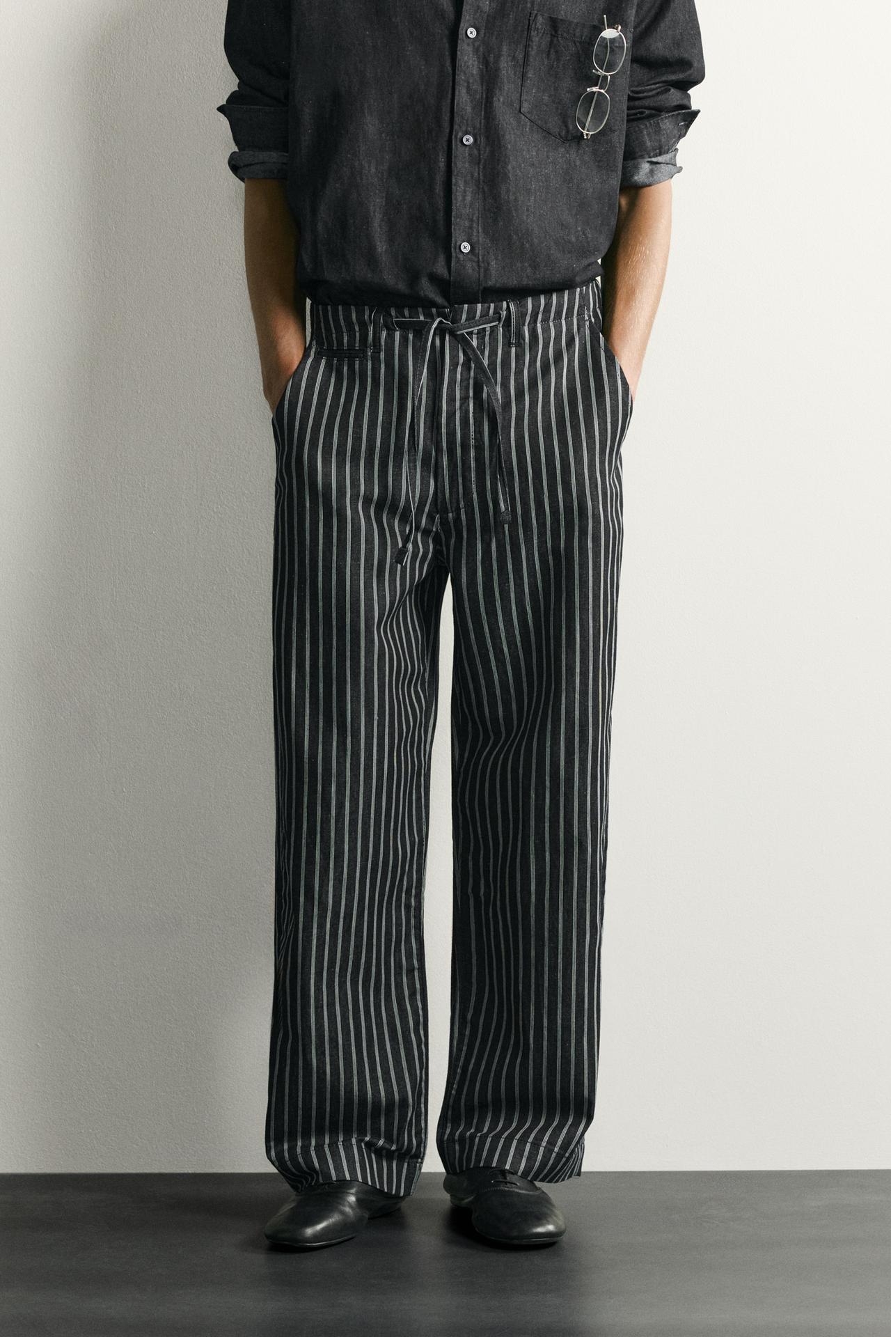 STRIPED COTTON-LINEN DENIM PANTS — Blue / Black
