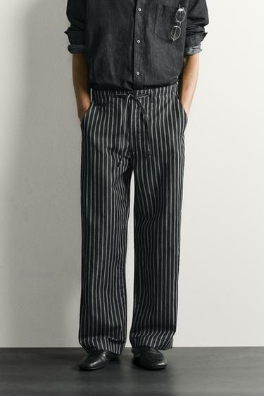 STRIPED COTTON/LINEN DENIM TROUSERS - blue/black by Zara