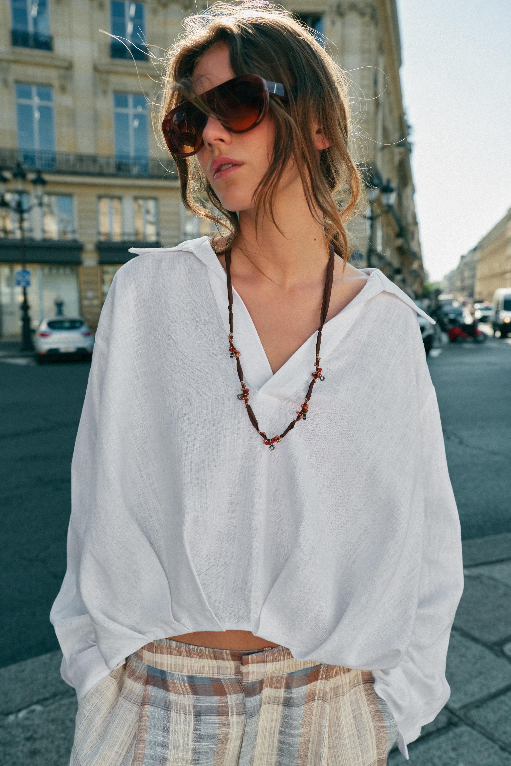 LINEN BLEND SHIRT WITH PUFF HEM — White