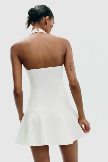 Zara HALTER INTERLOCK SHORT DRESS - Ecru