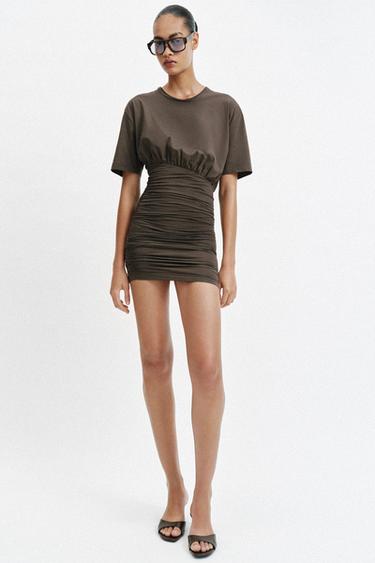 VESTIDO CORTO DRAPEADO - Khaki oscuro de Zara