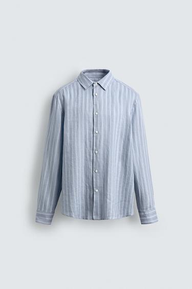 CAMISA 100% LINHO LISTRADA - Azul-celeste da Zara
