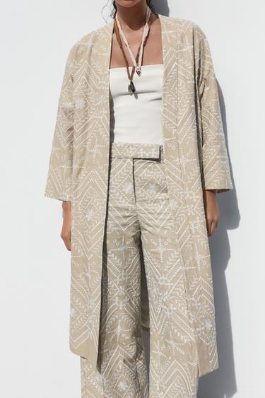 Zara EMBROIDERED KIMONO BLAZER - Ecru / Beige