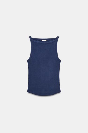 Zara WASHED EFFECT RIB HALTER TOP - Bluish