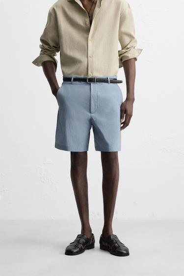 STRIPED CRINKLE-EFFECT BERMUDA SHORTS - Blue by Zara - Image 1