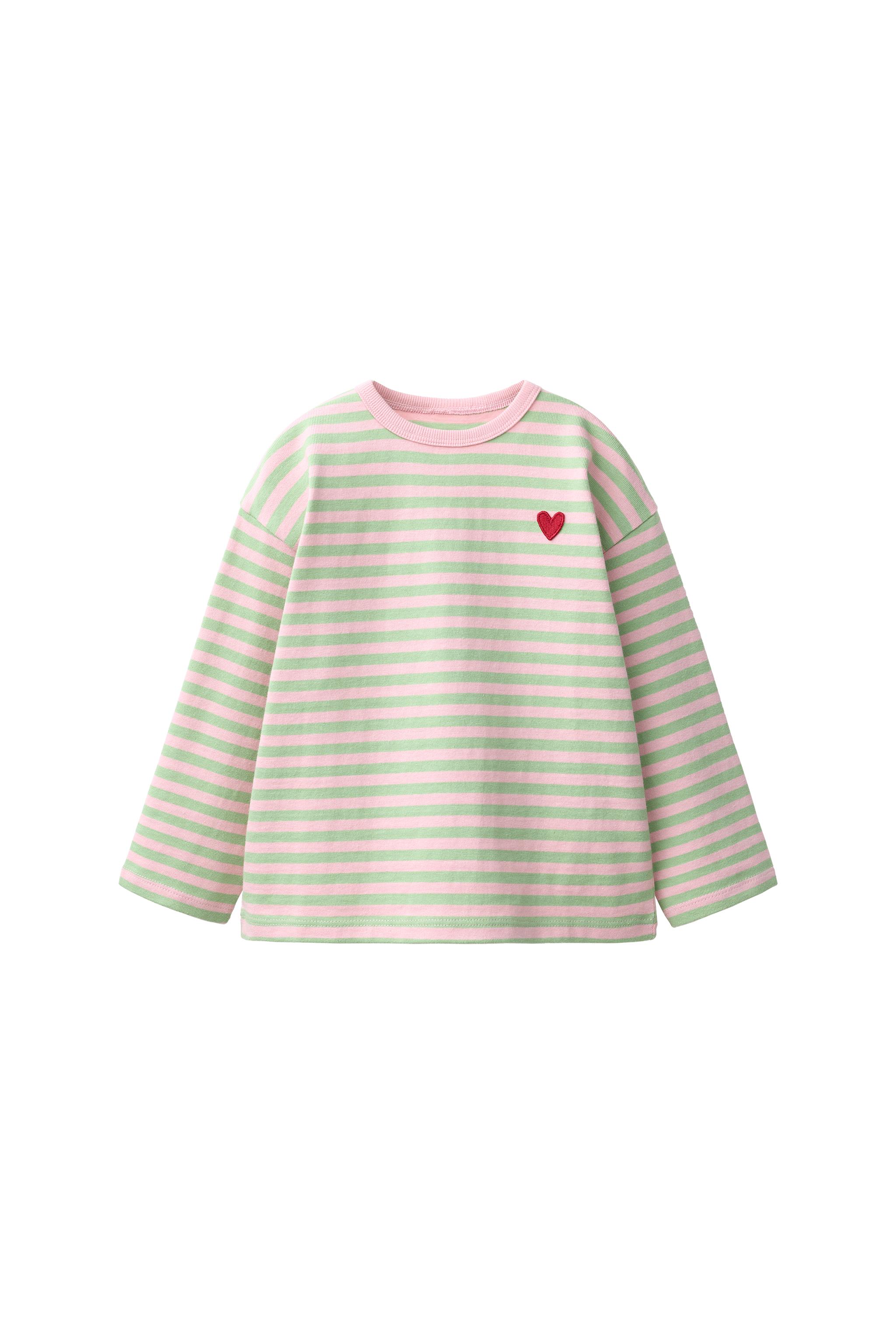 EMBROIDERED HEART STRIPED T-SHIRT — Mid-green