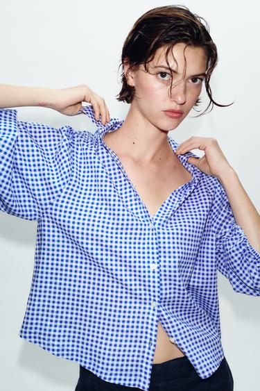 LINEN BLEND GINGHAM SHIRT - Ecru / Blue by Zara