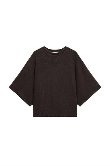 Zara RUSTIC SHORT SLEEVE TOP - Dark brown