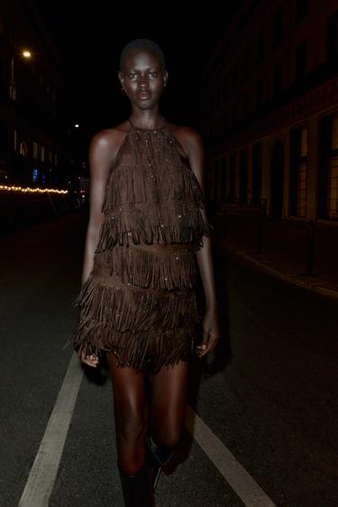 Zara SHIMMER FAUX SUEDE FRINGE TOP - Brown