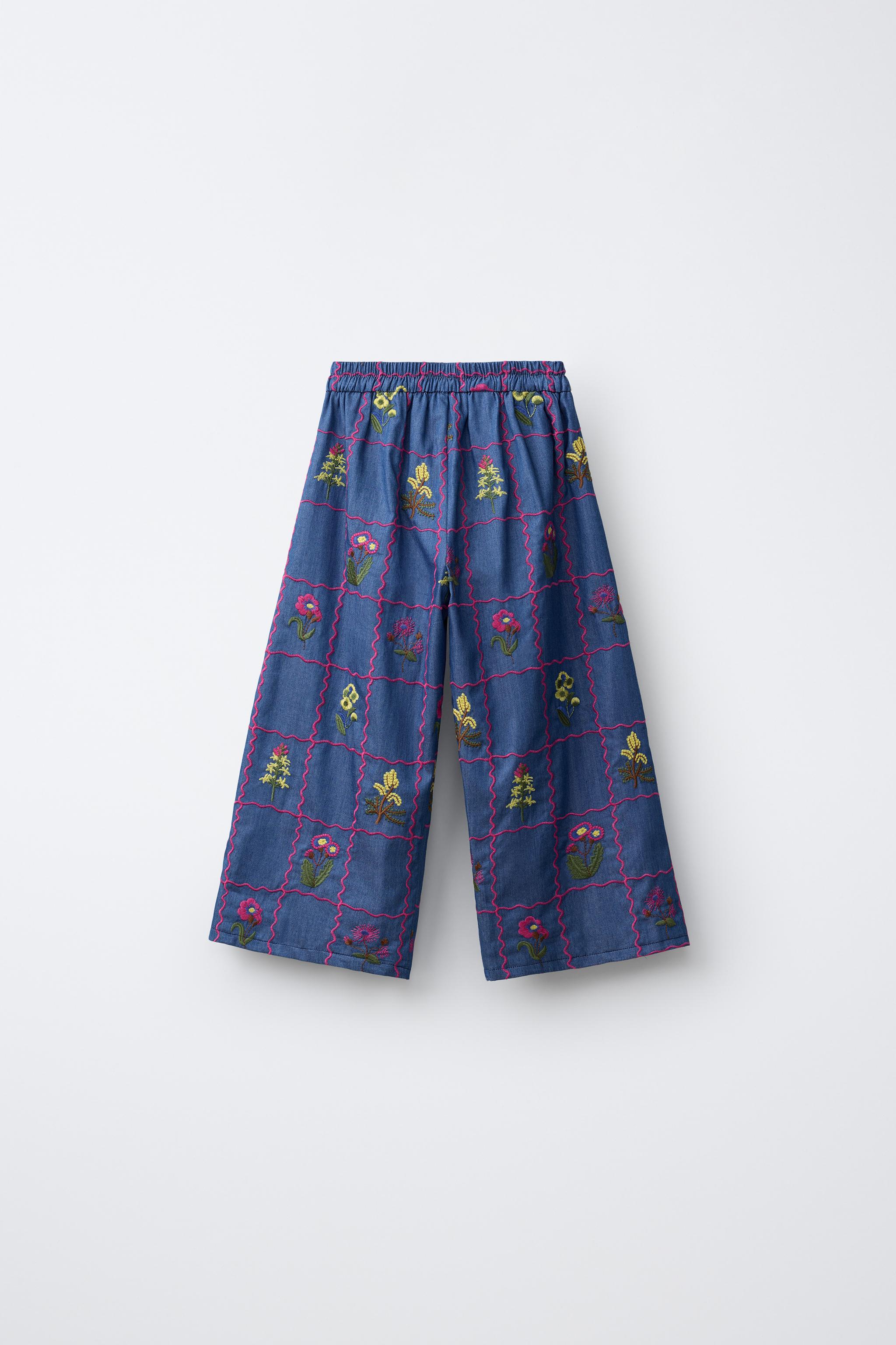 EMBROIDERED WIDE LEG PANTS — Indigo