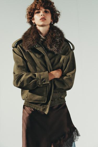 REMOVABLE COLLAR FAUX SUEDE JACKET - Khaki by Zara - Image 3