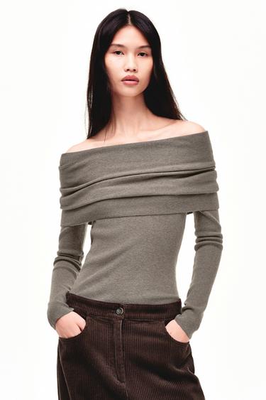 Zara 平口針織縮褶上衣 - 暗灰褐色