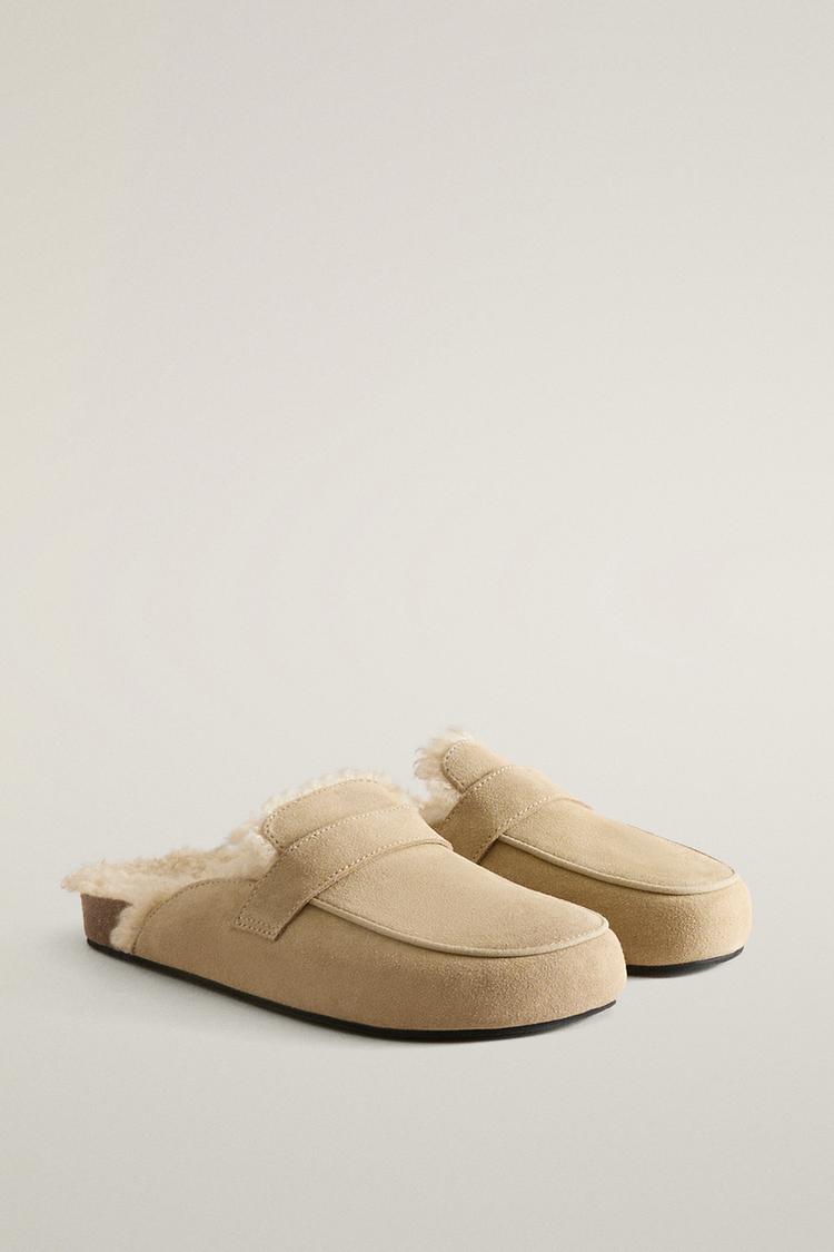 WARM LEATHER LOAFER MULE CLOG SLIPPERS — Camel Brown