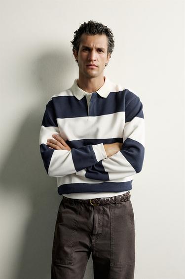RELAXED FIT STRIPED PIQUÉ POLO SHIRT - White / Navy by Zara
