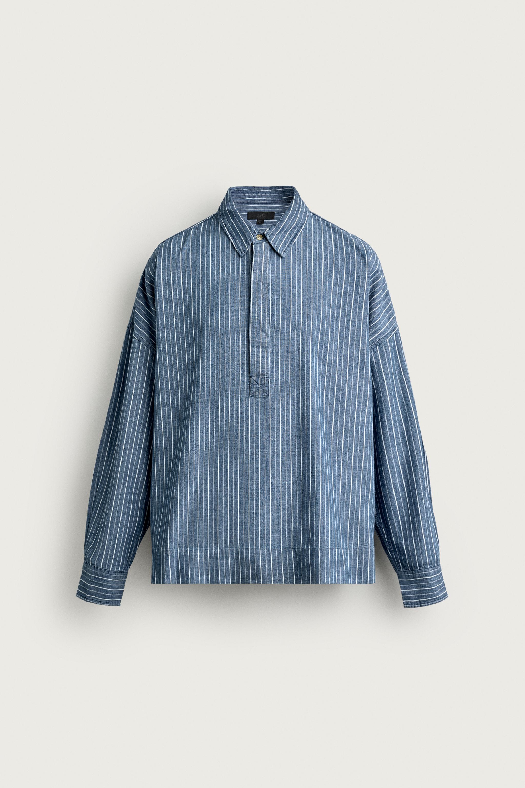 LIGHTWEIGHT STRIPED DENIM POLO SHIRT — Blue
