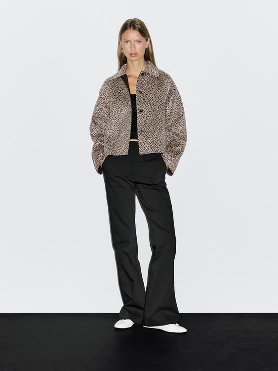 Short wool blend animal print coat