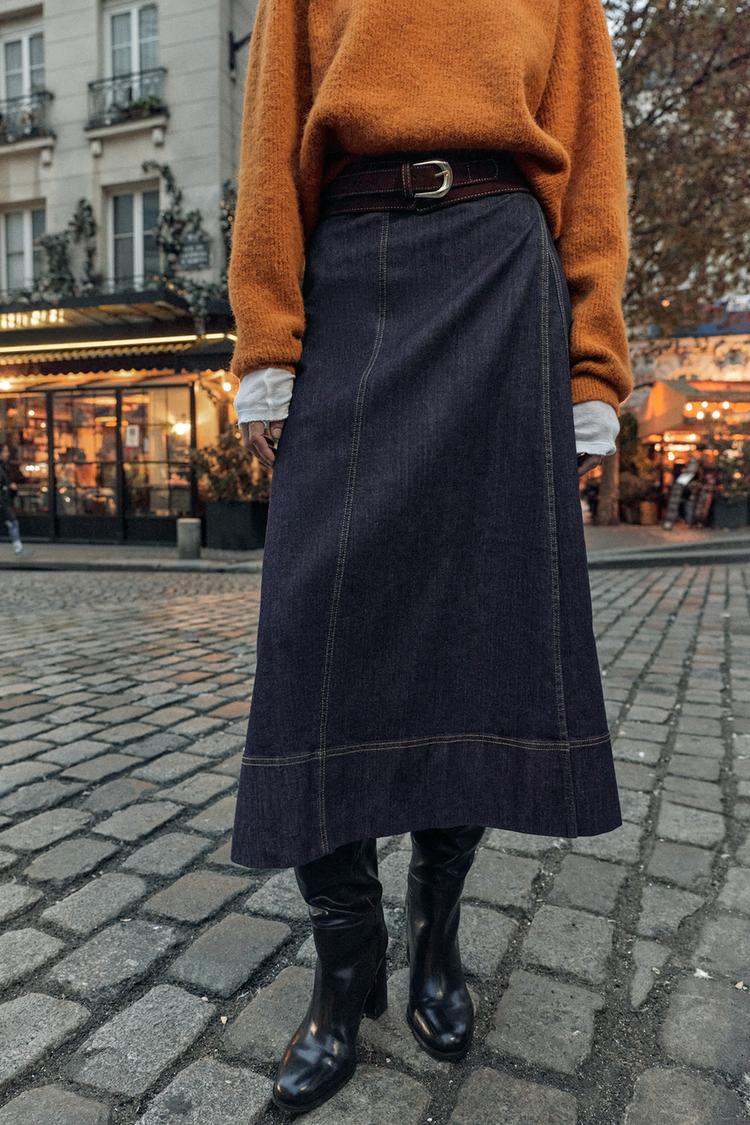 Z1975 BELTED WRAP DENIM MIDI SKIRT
