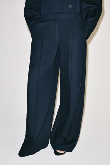 Zara ZW COLLECTION STRAIGHT-LEG PLEATED TROUSERS - Navy blue