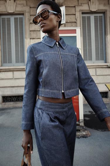 CONTRAST STITCH CROP JACKET - Indigo by Zara