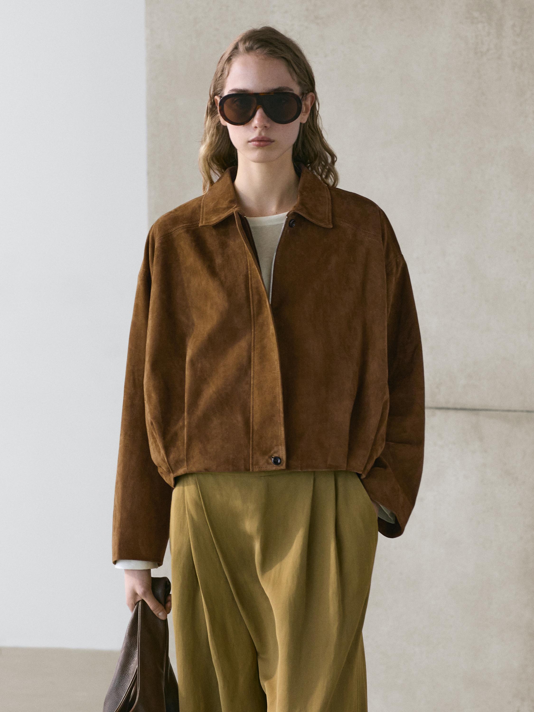 Blouson court bomber en cuir effet daim