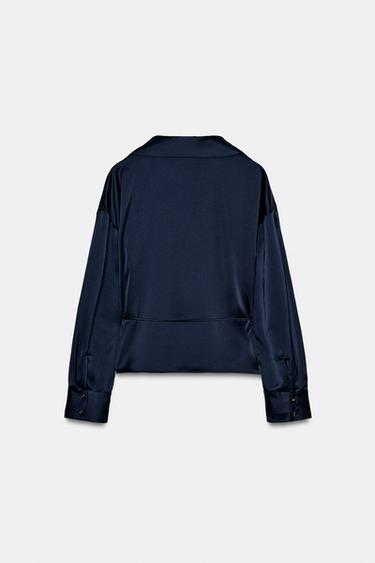 SATIN BLOUSE WITH THIN BELT - Navy blue by Zara - Image 6