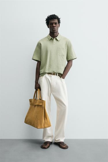 Zara REGULAR FIT HEMP COTTON BLEND POLO - Light green - Image 0